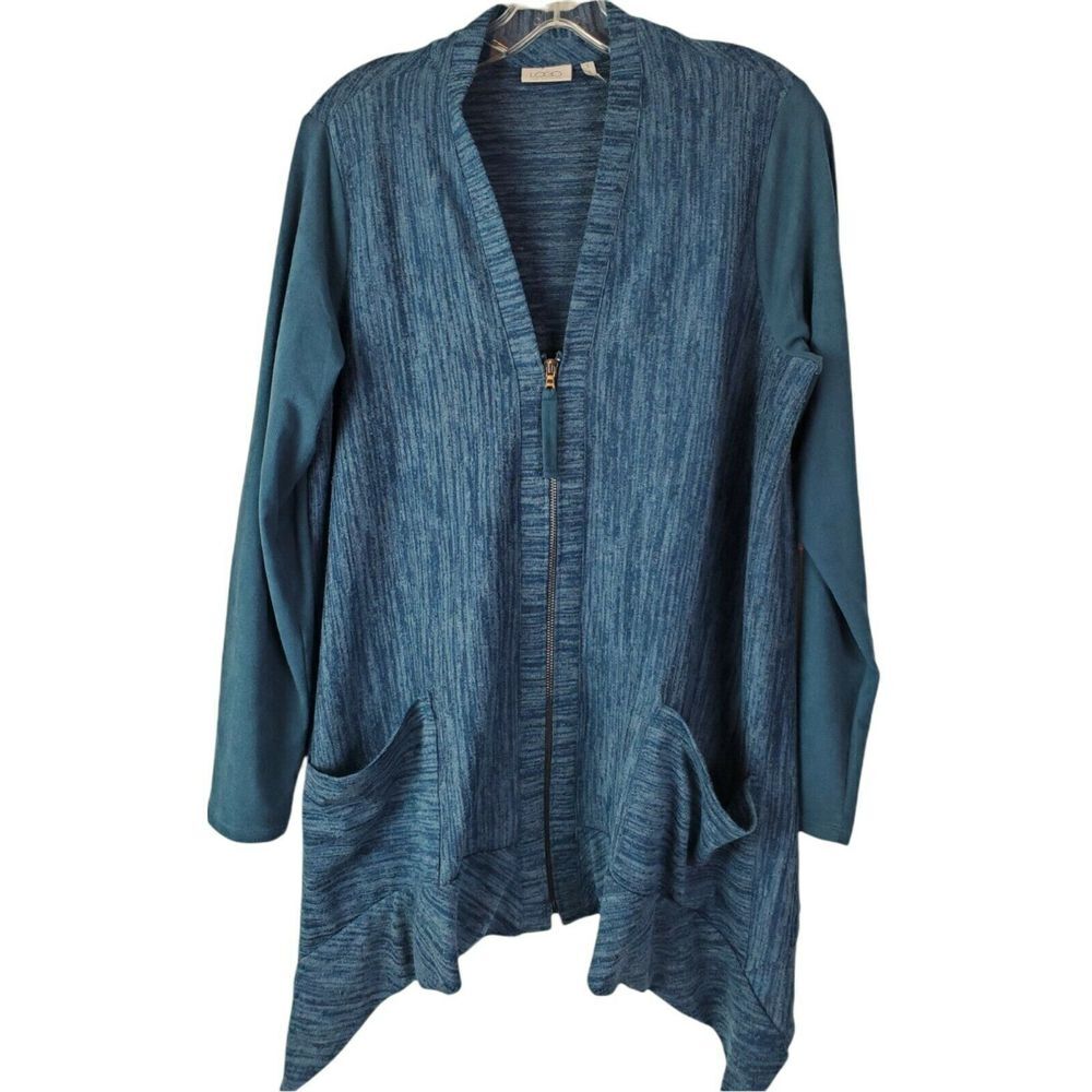 LOGO by Lori Goldstein Cardigan Size S Blue Soft Sleeve Zip Shacket Sweater